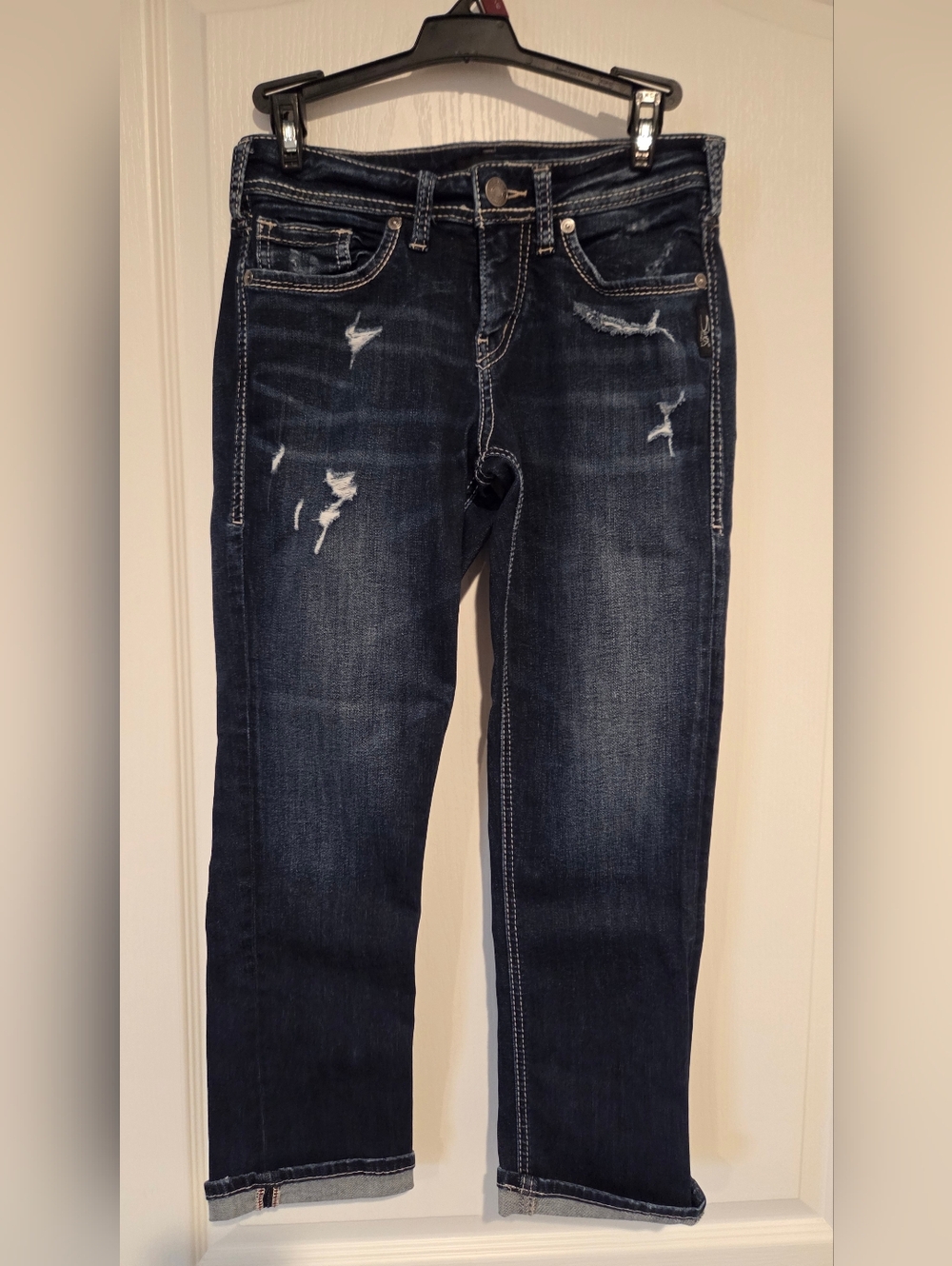 Silver Jeans Dark Indigo Distressed Cropped Straight